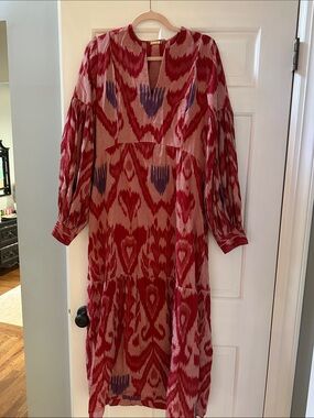 Matta Red and Blush Ikat Dress with V-Notch Neck